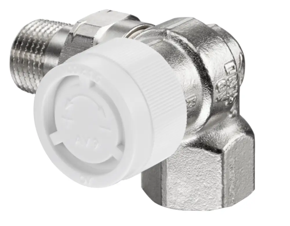 Thermostatventil von Oventrop in Winkeleck-Form, mit einem weißen Drehknopf und verchromtem Metallkörper, geeignet für Rohranschlüsse.
